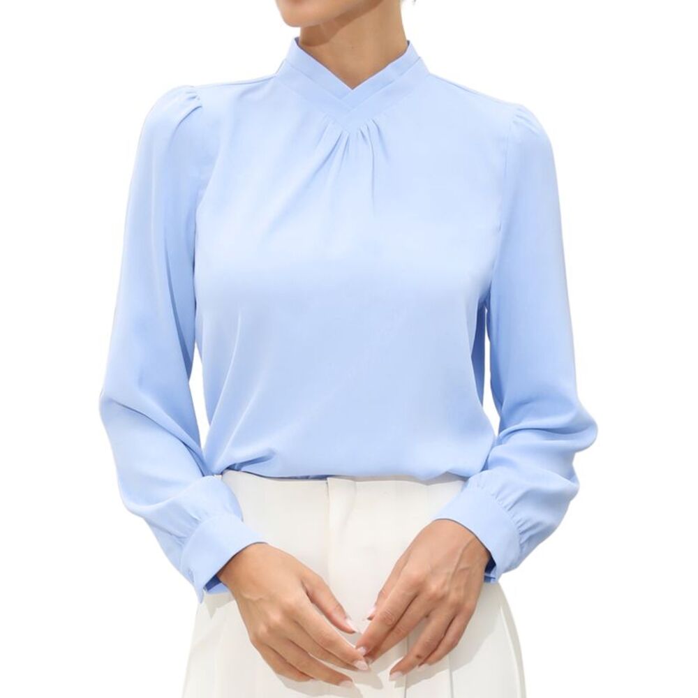 Women Pleated Mock Neck Business Long Sleeve Tops Light Blue